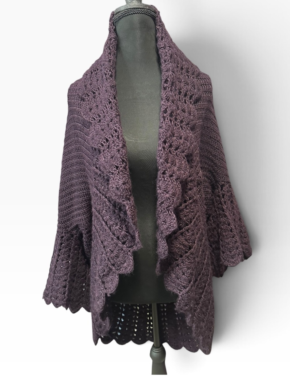 Open-Front Crochet-Trim Knit Shrug in Plum